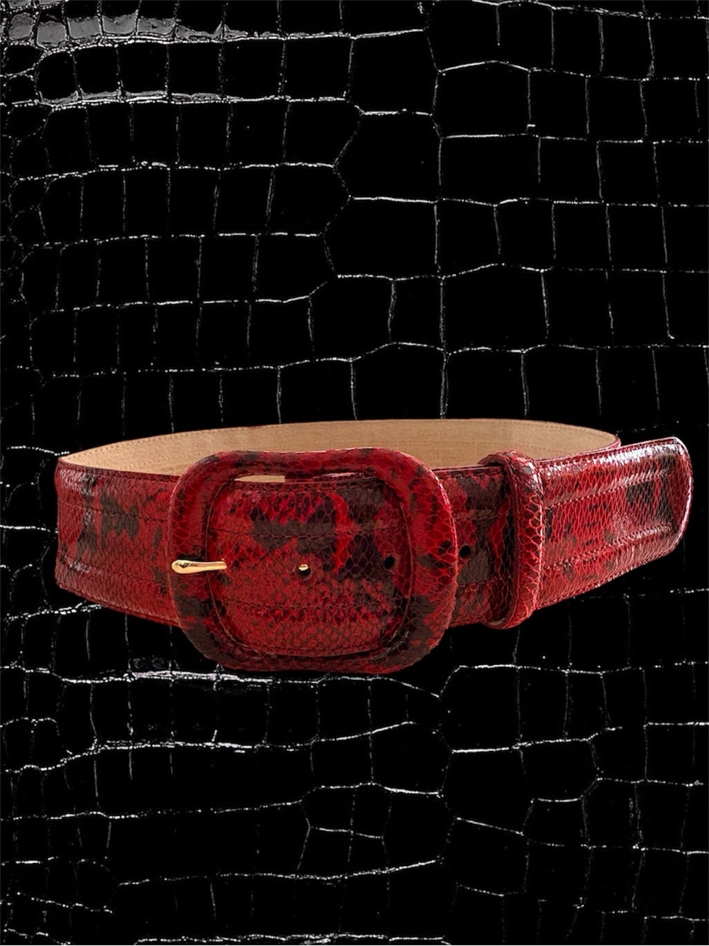 VTG Liz Claiborne Red Black Snakeskin Leather Wide Belt Size M